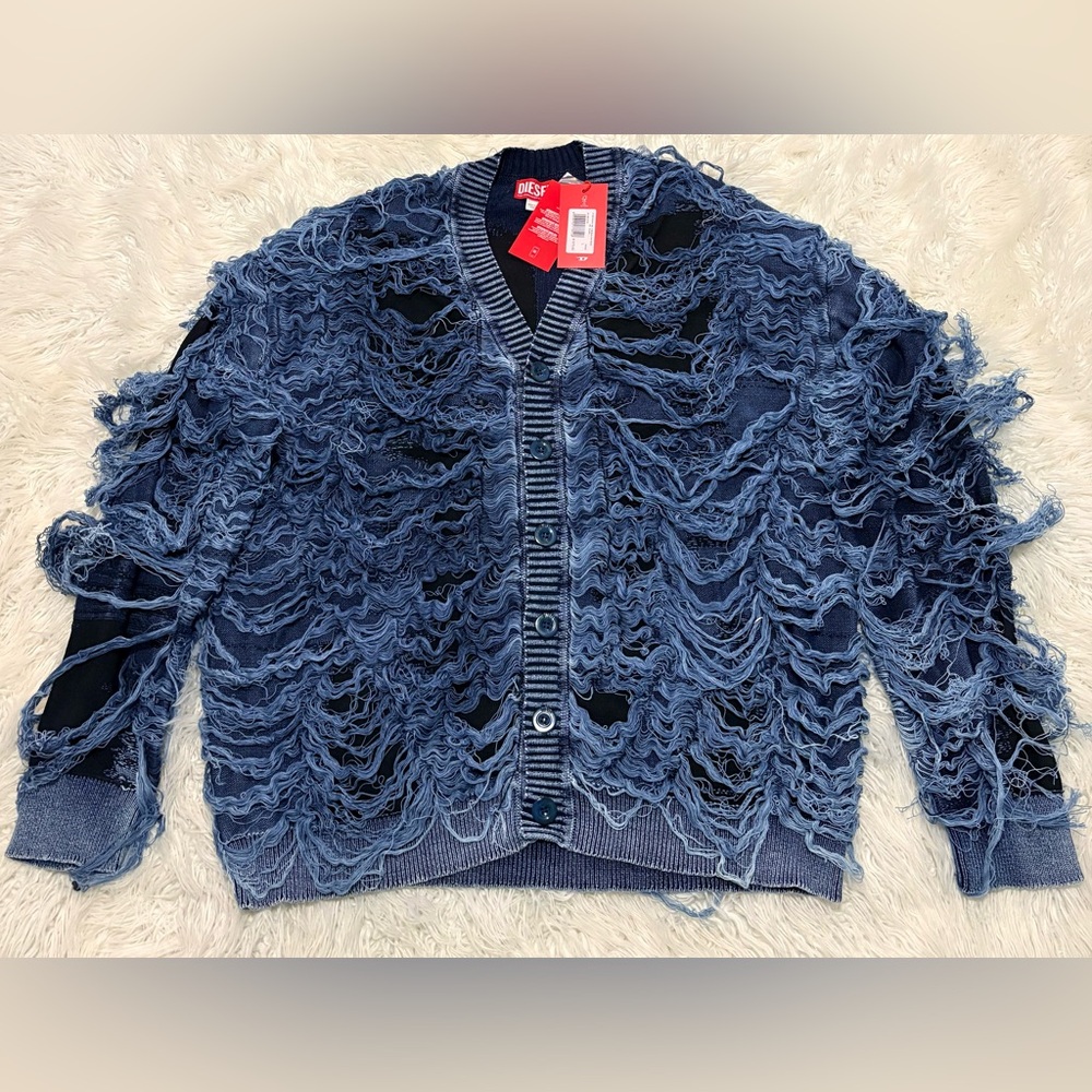 Diesel Blue Distressed Openwork Button-Up Cardigan